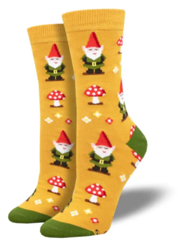 Women's Bamboo Gnome More Mushrooms Crew Sock -Gold