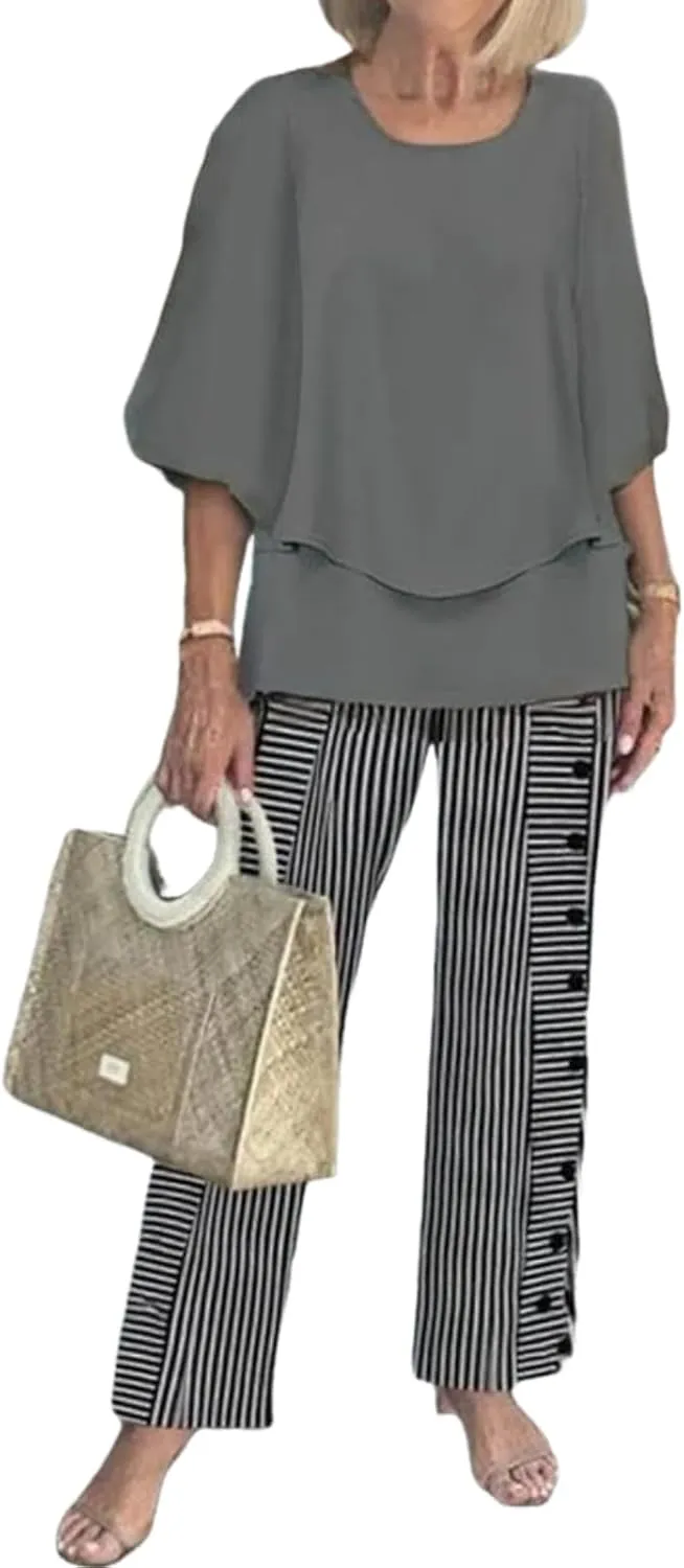 Women's Two Piece Outfits 2025 Summer Boho 3/4 Batwing Sleeve Crew Neck Pullover Top Print Wide Leg Pants Lounge Sets