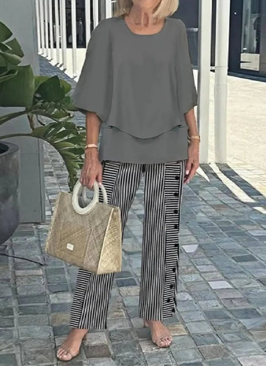 Women's Two Piece Outfits 2025 Summer Boho 3/4 Batwing Sleeve Crew Neck Pullover Top Print Wide Leg Pants Lounge Sets